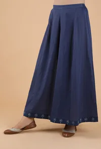 Aadhila Indigo Solid Blue Flared Kalidar Palazzo Pants With Print Border image 3