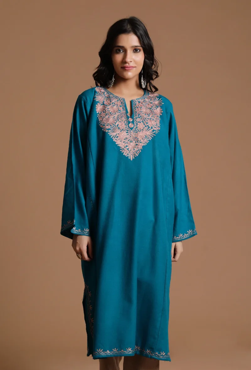 Chathams Blue Aari Embroidered Kashmiri Phiran-Free Size