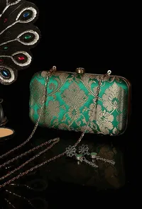 Spinach Green Brocade Box Clutch with Sling (8 X 2 X 4.5) image 1