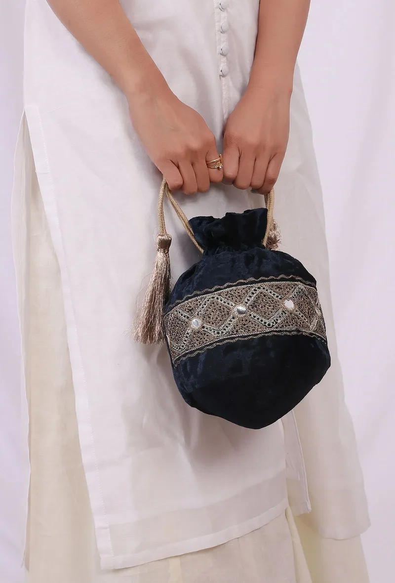 Royal Blue Velvet Tila Embroidery Potli