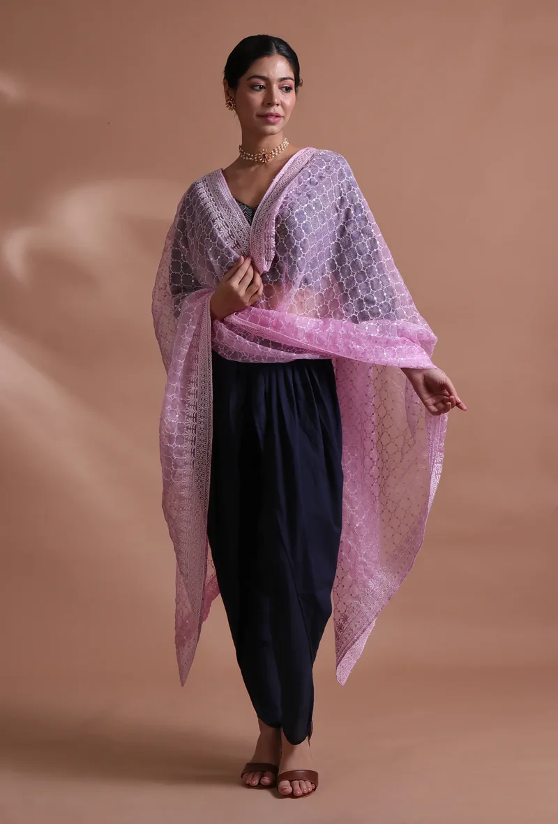 Light Pink Color Silk Organza Embroidered Dupatta