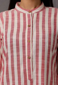 Set of 2: Red and White Stripes Pure Woven Cotton Kurta and Pants image 5