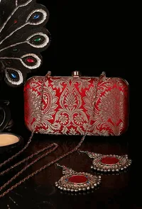 Scarlet Red Brocade Box Clutchwith Sling (8 X 2 X 4.5) image 1