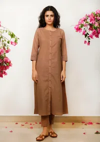 Set of 2: Brown Cotton Kurta with Brown Cotton Straight Pants image 1