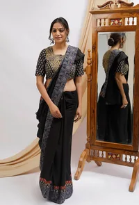 Olive Green and Black Front Open Ajrak Cotton Blouse image 2