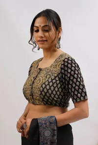 Olive Green and Black Front Open Ajrak Cotton Blouse image 4