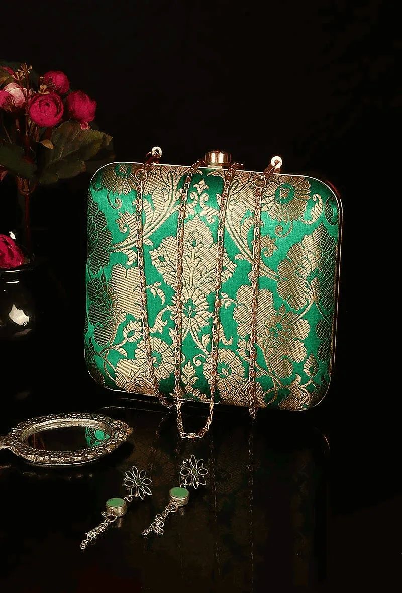 Emerald Green Brocade Box Clutch with Sling (6.5 X 2 X 6)