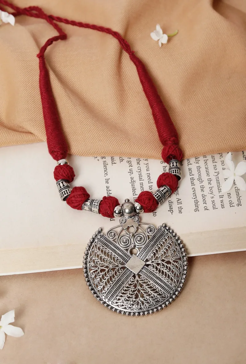 German Silver Premium Quality Designer Round Pendant With Maroon Thread Ball With Dori Necklace