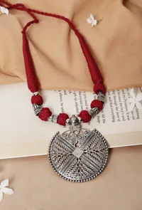 German Silver Premium Quality Designer Round Pendant With Maroon Thread Ball With Dori Necklace image 1