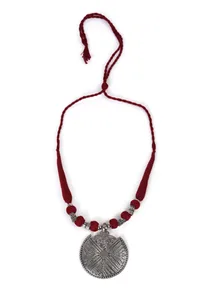 German Silver Premium Quality Designer Round Pendant With Maroon Thread Ball With Dori Necklace image 2