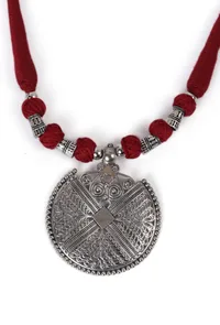 German Silver Premium Quality Designer Round Pendant With Maroon Thread Ball With Dori Necklace image 3