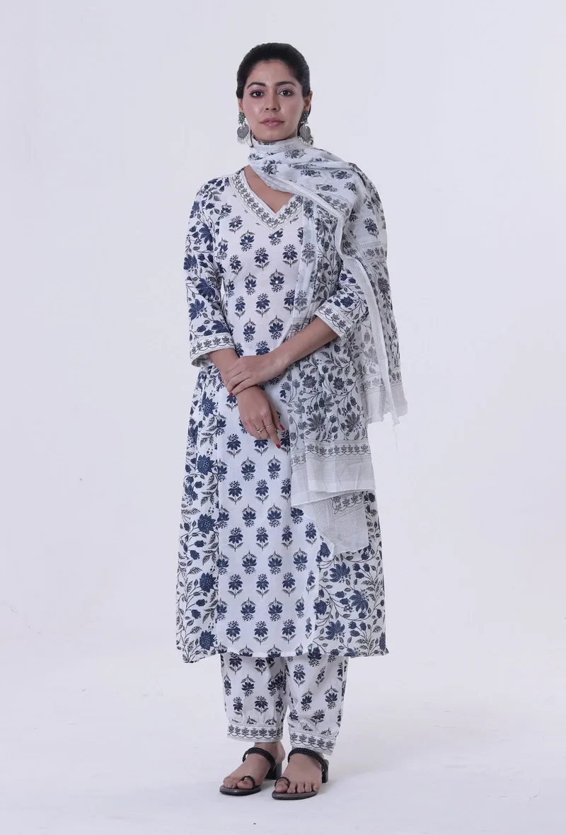 Set Of 3: Blue Motif White Cotton Kurta With Pant & Dupatta Set