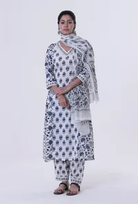 Set Of 3: Blue Motif White Cotton Kurta With Pant & Dupatta Set image 1