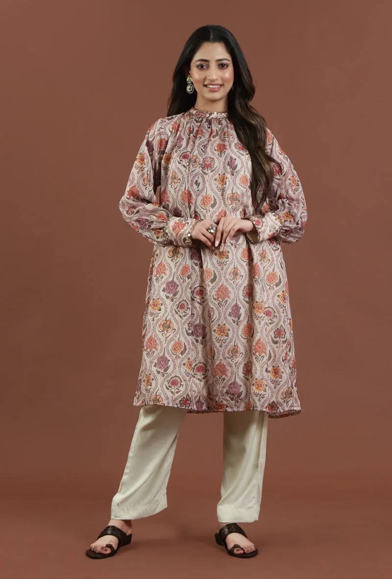 Set of 2: Elegant Beige Floral Printed Tabby Silk Kurta with Solid Mint Green Shantoon Pants Set