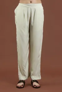 Set of 2: Elegant Beige Floral Printed Tabby Silk Kurta with Solid Mint Green Shantoon Pants Set image 3