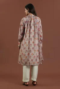 Set of 2: Elegant Beige Floral Printed Tabby Silk Kurta with Solid Mint Green Shantoon Pants Set image 4