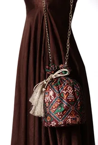 Ishani Maroon & Multi Silk Patola Print Potli With Tassels image 1