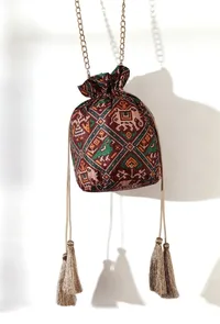 Ishani Maroon & Multi Silk Patola Print Potli With Tassels image 2