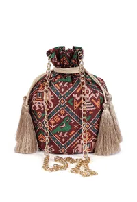 Ishani Maroon & Multi Silk Patola Print Potli With Tassels image 3