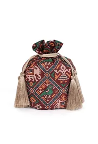 Ishani Maroon & Multi Silk Patola Print Potli With Tassels image 4