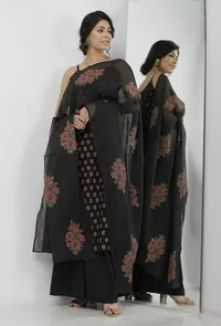 Set of 3: Kaani Black Floral Hand-Block Printed Cotton Slip with Plain Palazzo and Floral Hand-Block Printed Kota Dupatta image 1