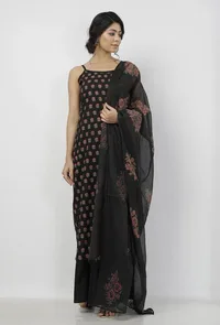 Set of 3: Kaani Black Floral Hand-Block Printed Cotton Slip with Plain Palazzo and Floral Hand-Block Printed Kota Dupatta image 3