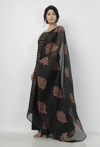 Set of 3: Kaani Black Floral Hand-Block Printed Cotton Slip with Plain Palazzo and Floral Hand-Block Printed Kota Dupatta image 4