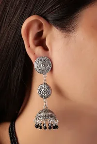 German Silver Lakshmi Pendant Necklace Set With Black Bead Dori & Jhumki image 2