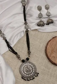 German Silver Lakshmi Pendant Necklace Set With Black Bead Dori & Jhumki image 3