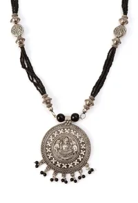 German Silver Lakshmi Pendant Necklace Set With Black Bead Dori & Jhumki image 5