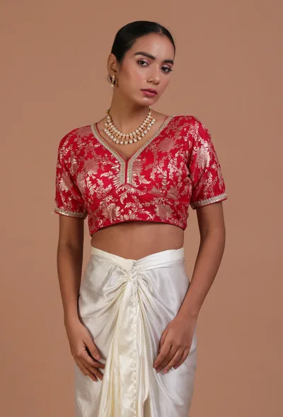 Red Color Raw Silk Embroidered Blouse