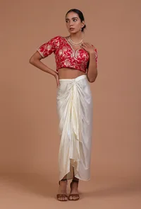 Red Color Raw Silk Embroidered Blouse image 3