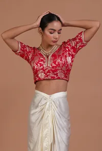 Red Color Raw Silk Embroidered Blouse image 4