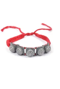 Set Of 2: Red Thread & Antique Plated Brass Beaded Anklets image 2