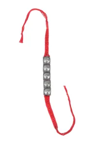 Set Of 2: Red Thread & Antique Plated Brass Beaded Anklets image 3