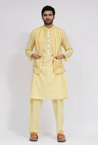 Set of 3:Yellow Stripe Nehru Jacket With Yellow Cotton Kurta and Pajama image 1