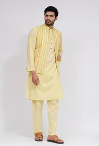 Set of 3:Yellow Stripe Nehru Jacket With Yellow Cotton Kurta and Pajama image 2