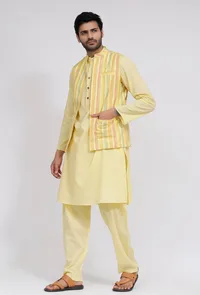 Set of 3:Yellow Stripe Nehru Jacket With Yellow Cotton Kurta and Pajama image 3