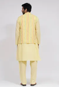 Set of 3:Yellow Stripe Nehru Jacket With Yellow Cotton Kurta and Pajama image 4