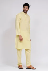 Set of 3:Yellow Stripe Nehru Jacket With Yellow Cotton Kurta and Pajama image 5
