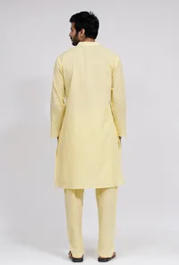 Set of 3:Yellow Stripe Nehru Jacket With Yellow Cotton Kurta and Pajama image 6