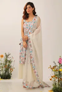 Set Of 3: Lilybeth Floral Chintz Straight Kurta With Organza Flared Palazzo Pants & Dupatta image 1