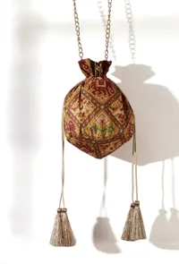 Falak Golden & Multi Silk Patola Print Potli With Tassels image 2