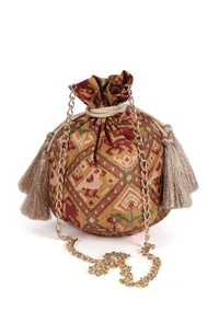 Falak Golden & Multi Silk Patola Print Potli With Tassels image 3