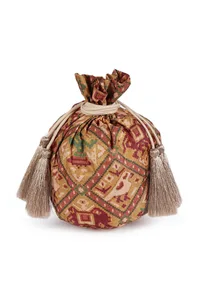 Falak Golden & Multi Silk Patola Print Potli With Tassels image 4