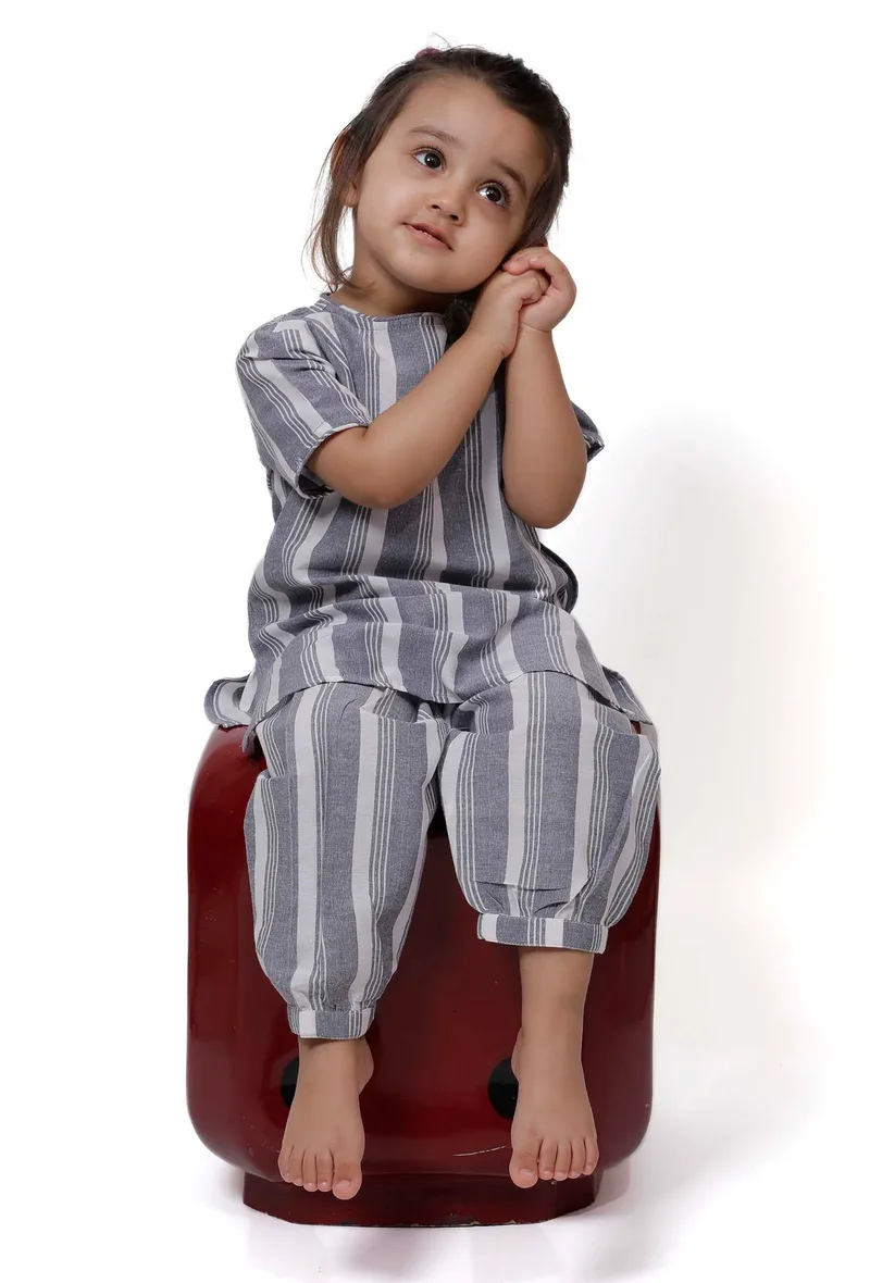 Set of 2 - Grey Stripe Straight Fit kurta & Afghani Pyjama