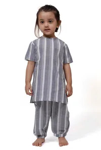 Set of 2 - Grey Stripe Straight Fit kurta & Afghani Pyjama image 2