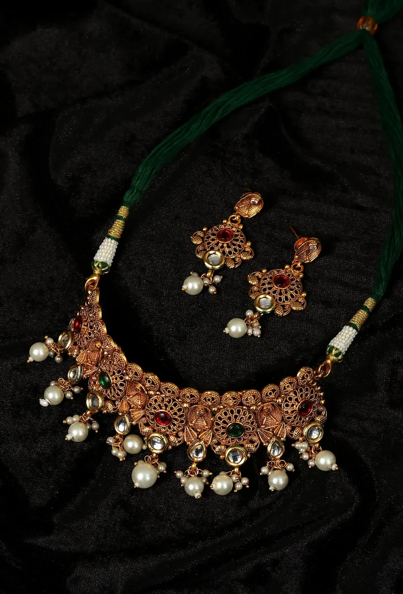 Rajshree Temple Heritage Kemp Necklace Set with Pearls