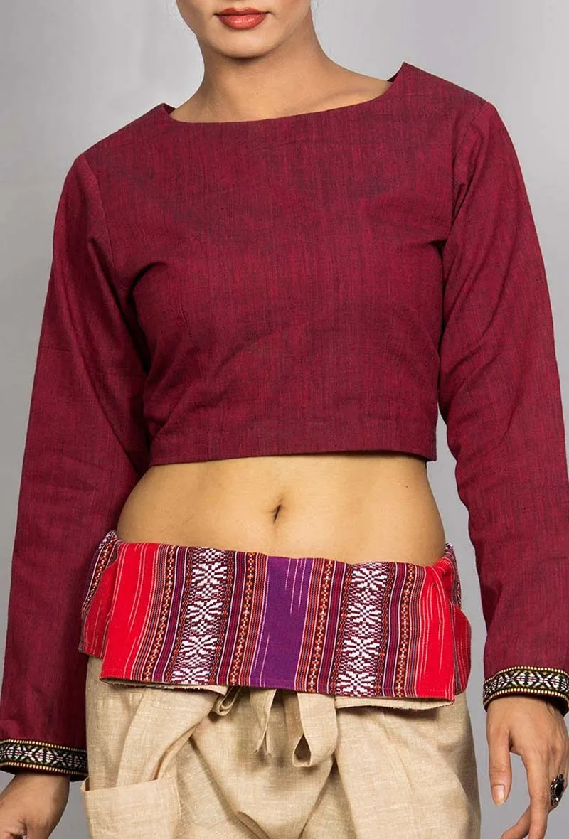 Maroon  crop top with Thai woven sleeves