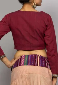 Maroon  crop top with Thai woven sleeves image 2